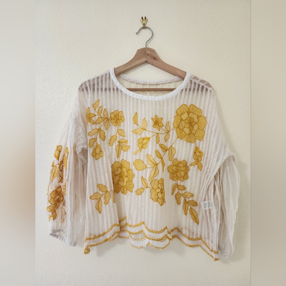 Boheme Sheer White Blouse with Yellow Floral Embroidery
